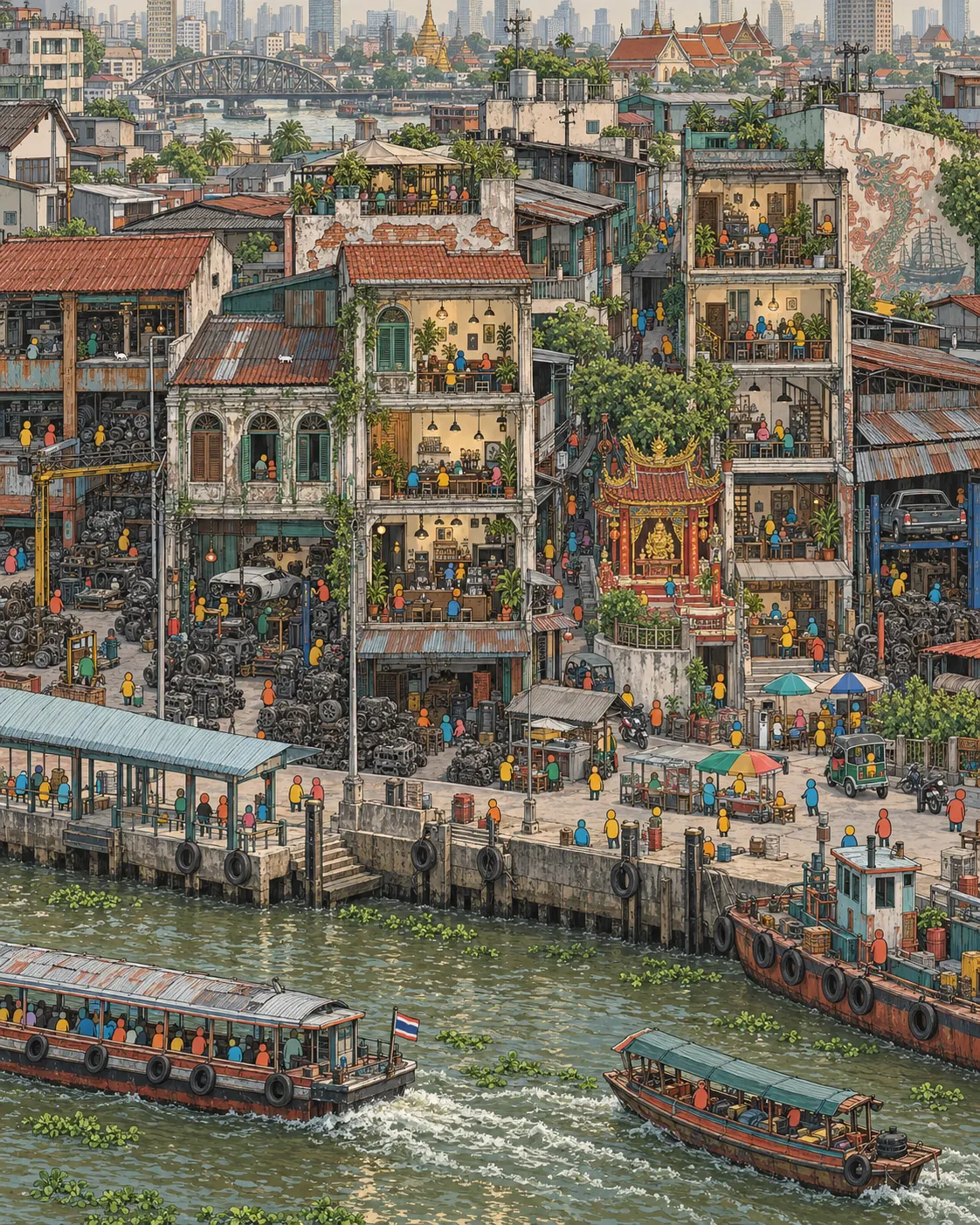 Pintura de Talat Noi, em Bangkok. Oficinas mecânicas acumulam peças de motor enferrujadas coladas ao rio Chao Phraya. Sentar para tomar café gelado no meio da graxa parece estranho, mas funciona perfeitamente. Calor abafado do meio do dia.