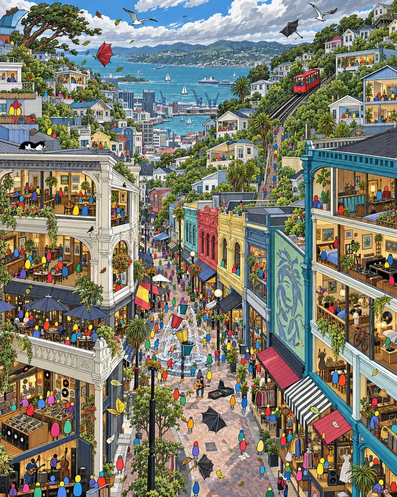 Pintura de Te Aro, em Wellington. A Cuba Street encara a ventania gelada com fontes de balde, sebos de discos e cafés que torram grão próprio. O clima da Nova Zelândia tenta estragar o passeio, mas o chope local resolve a questão. Dia claro de vento forte e nuvens.