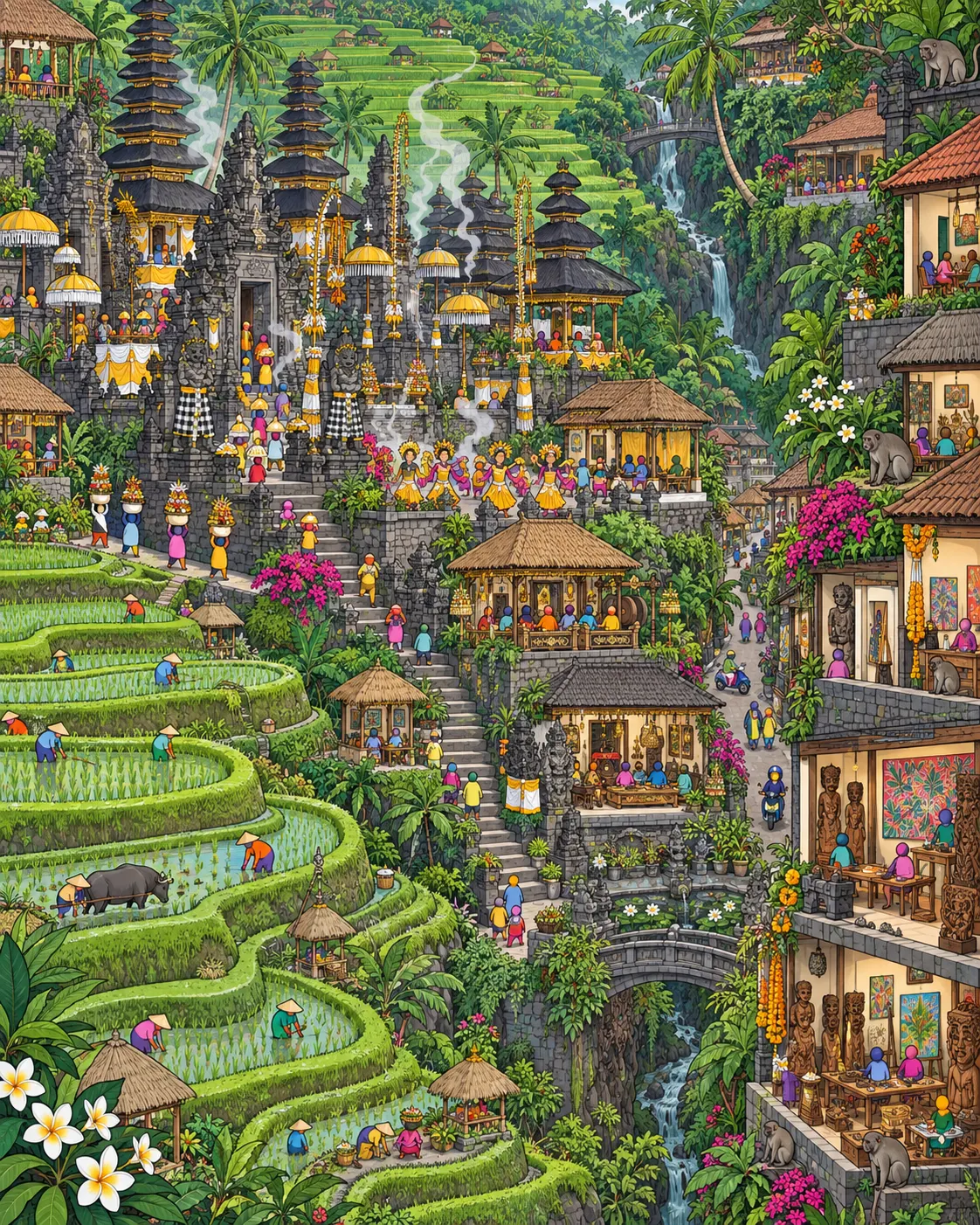 Pintura de Ubud, em Bali. Campos de arroz em terraços verdes e entalhes de pedra vulcânica cobertos de musgo. O turismo de bem estar exagera um pouco na pose, mas o aroma de incenso fresco nas calçadas ainda desarma. Manhã suave com fumaça de incenso.