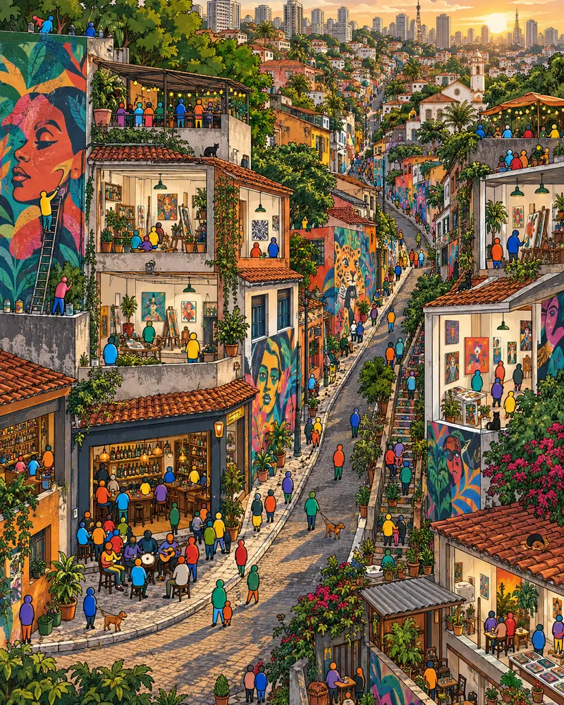 Pintura de Vila Madalena, em São Paulo. Mural colorido em cada muro, ladeira íngreme e mesa de boteco na calçada com garrafa envolta em isopor. Falam mal do barulho, mas quem reclama costuma chegar tarde e ficar sem mesa. Fim de tarde descendo as ladeiras.