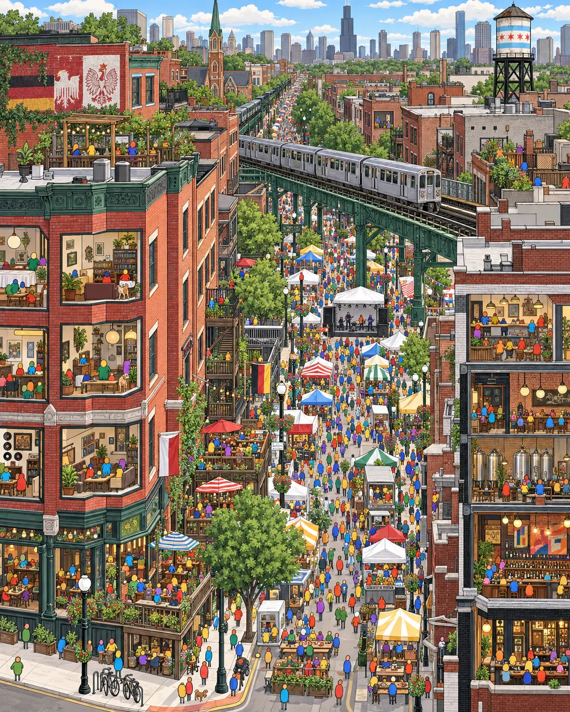 Pintura de West Town, em Chicago. Tavernas polonesas antigas com cerveja barata dividem quarteirões com padarias e estúdios novos. O trem elevado range nos trilhos e lembra que esta cidade foi feita no braço. Tarde de verão com festa na rua.