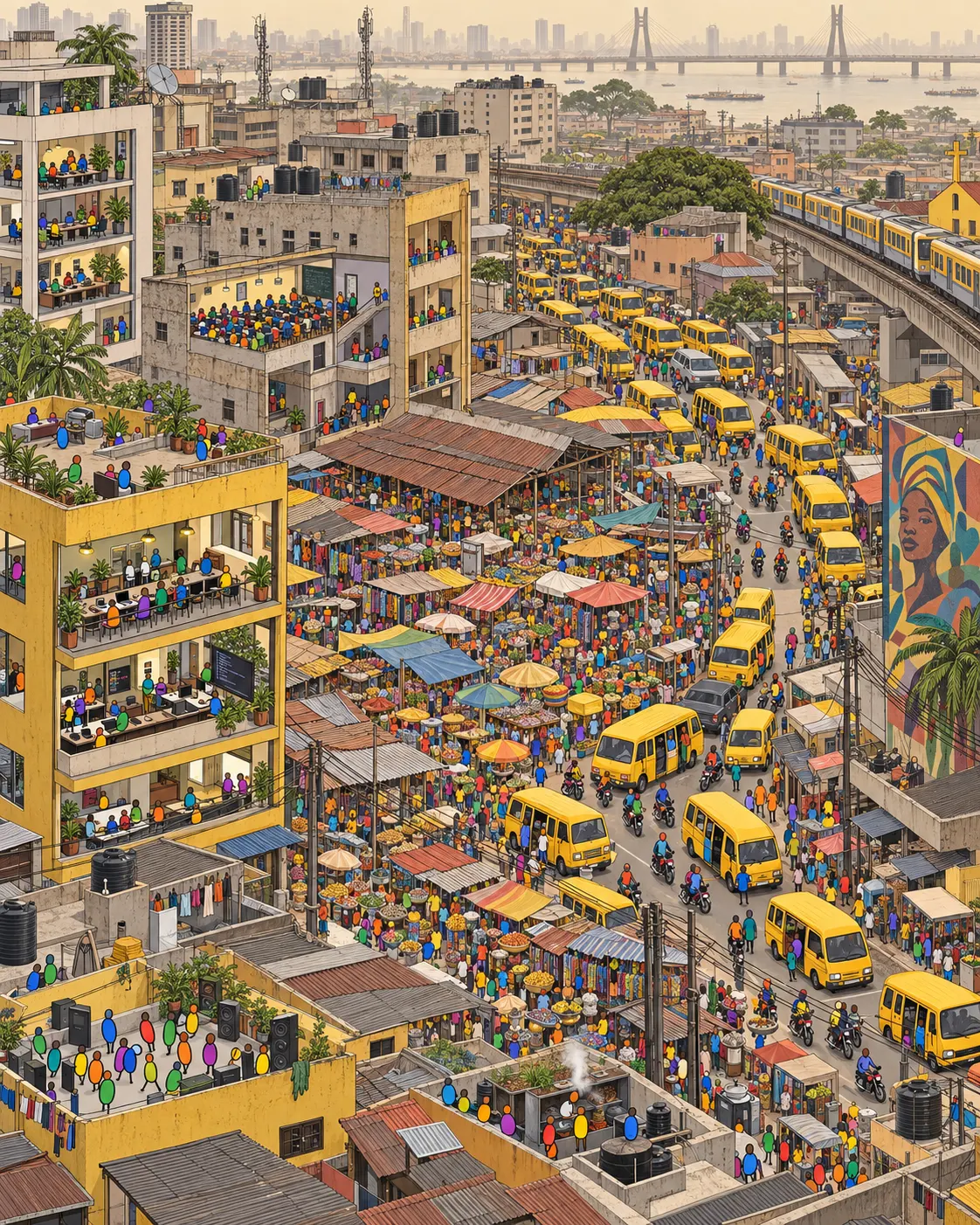 Pintura de Yaba, em Lagos. Vans amarelas disputando cada metro do asfalto sob a névoa seca de harmatã. Startups de tecnologia e mercados de tecido dividem o mesmo quarteirão com uma energia que cansa só de olhar. Névoa seca de harmatã com luz pálida.
