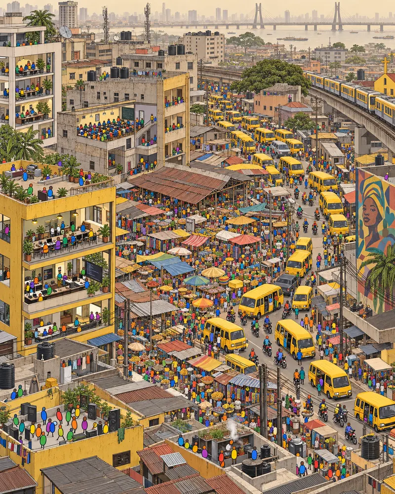 Pintura de Yaba, em Lagos. Vans amarelas disputando cada metro do asfalto sob a névoa seca de harmatã. Startups de tecnologia e mercados de tecido dividem o mesmo quarteirão com uma energia que cansa só de olhar. Névoa seca de harmatã com luz pálida.