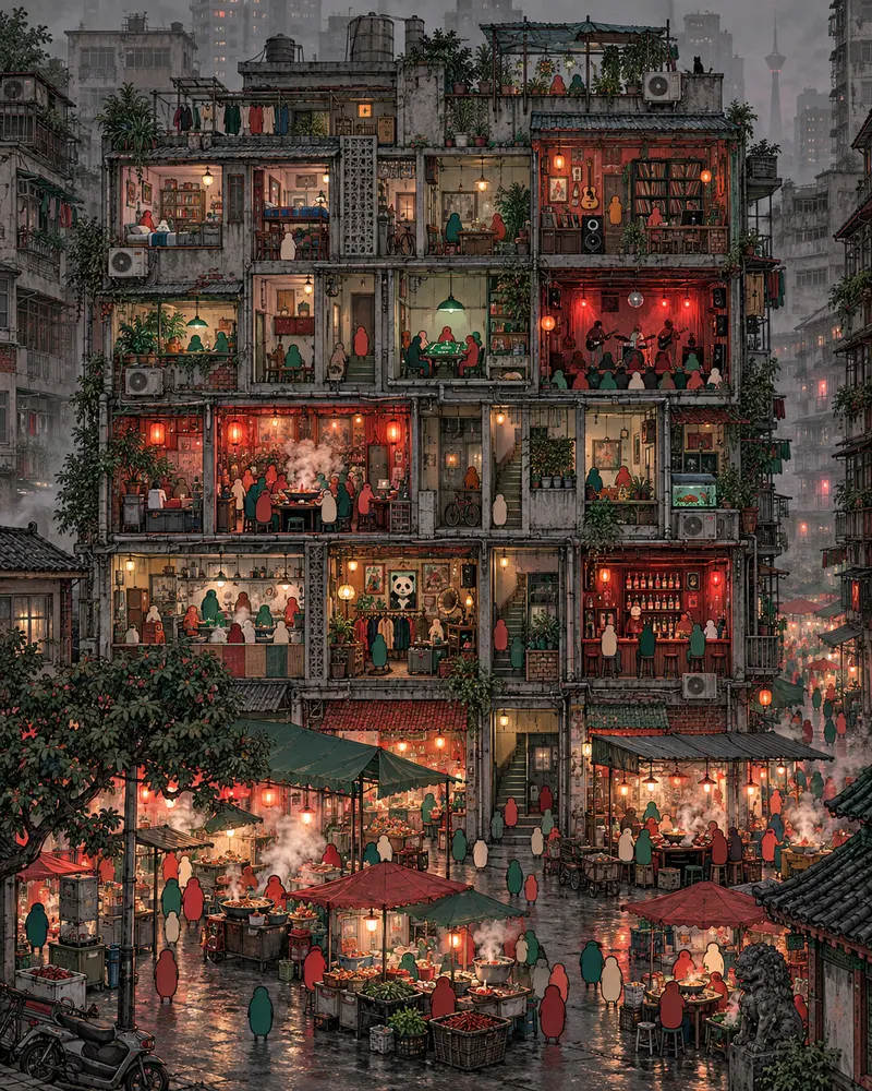 Pintura de Yulin, em Chengdu. Mesas baixas de mahjong na calçada e panelas de ferro fervendo com pimenta de Sichuan. A fumaça arde nos olhos, a cerveja gelada corre solta e ninguém aqui tem qualquer pressa de ir embora. Noite enevoada com vapor de panelas.
