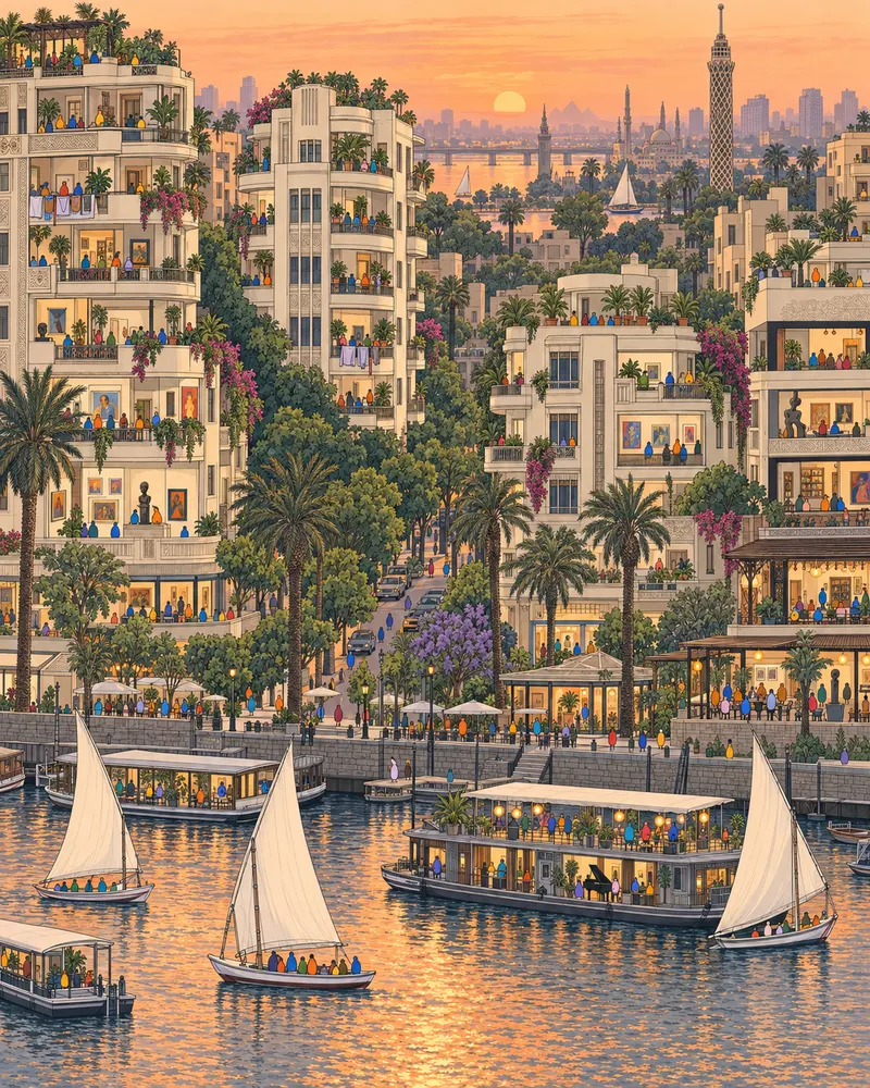Pintura de Zamalek, no Cairo. Uma ilha no meio do rio Nilo com prédios art deco e árvores centenárias. O Cairo é um desfile infinito de buzinas ensurdecedoras, mas aqui o barulho diminui e os passos encontram sombra. Pôr do sol alaranjado sobre o Nilo.