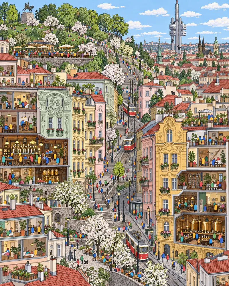 Pintura de Žižkov, em Praga. Ladeiras íngremes sob a torre de televisão com bebês gigantes esculpidos nela. Tabernas operárias servem cerveja pilsen na pressão com colarinho alto e zero paciência para frescura. Tarde clara de primavera na colina.